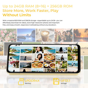 Smartphone with large display showing photo gallery, highlighting 24GB RAM and 256GB storage.
