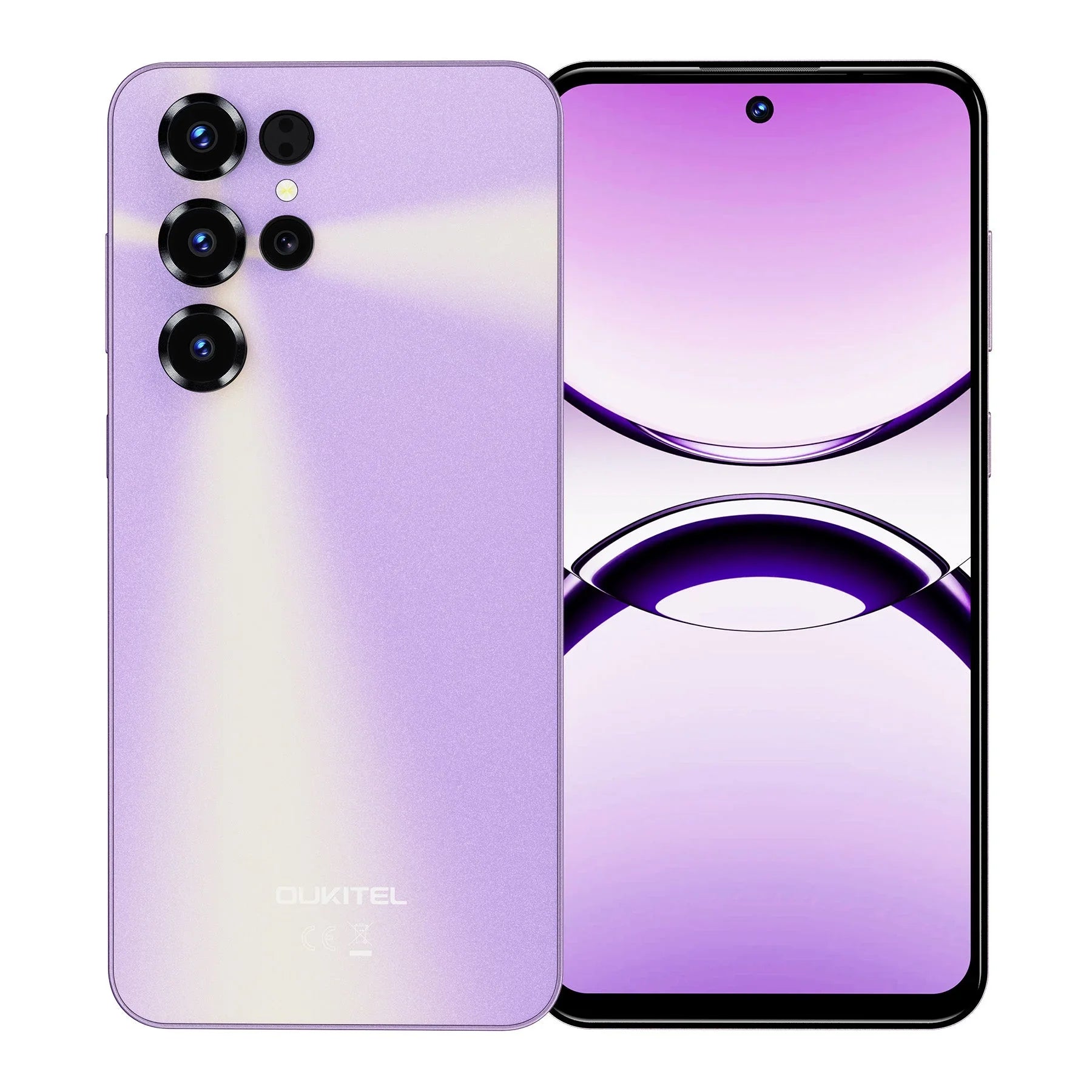 Purple smartphone with quad rear cameras and centered punch-hole display, modern design