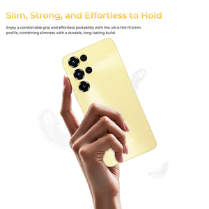 Hand holding ultra-thin gold smartphone with triple rear cameras on white background