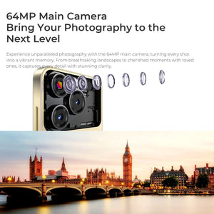 Smartphone with 64MP main camera lens components and sample cityscape photo for photography clarity.