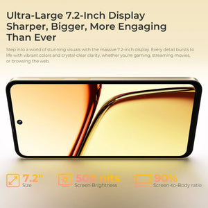 7.2-inch smartphone display with thin bezels, 500 nits brightness, and 90% screen-to-body ratio.