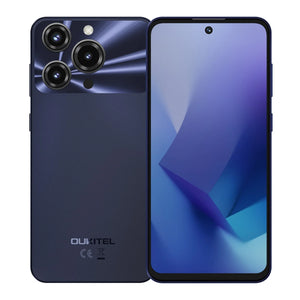 Black smartphone with triple rear cameras and punch-hole display, shown front and back