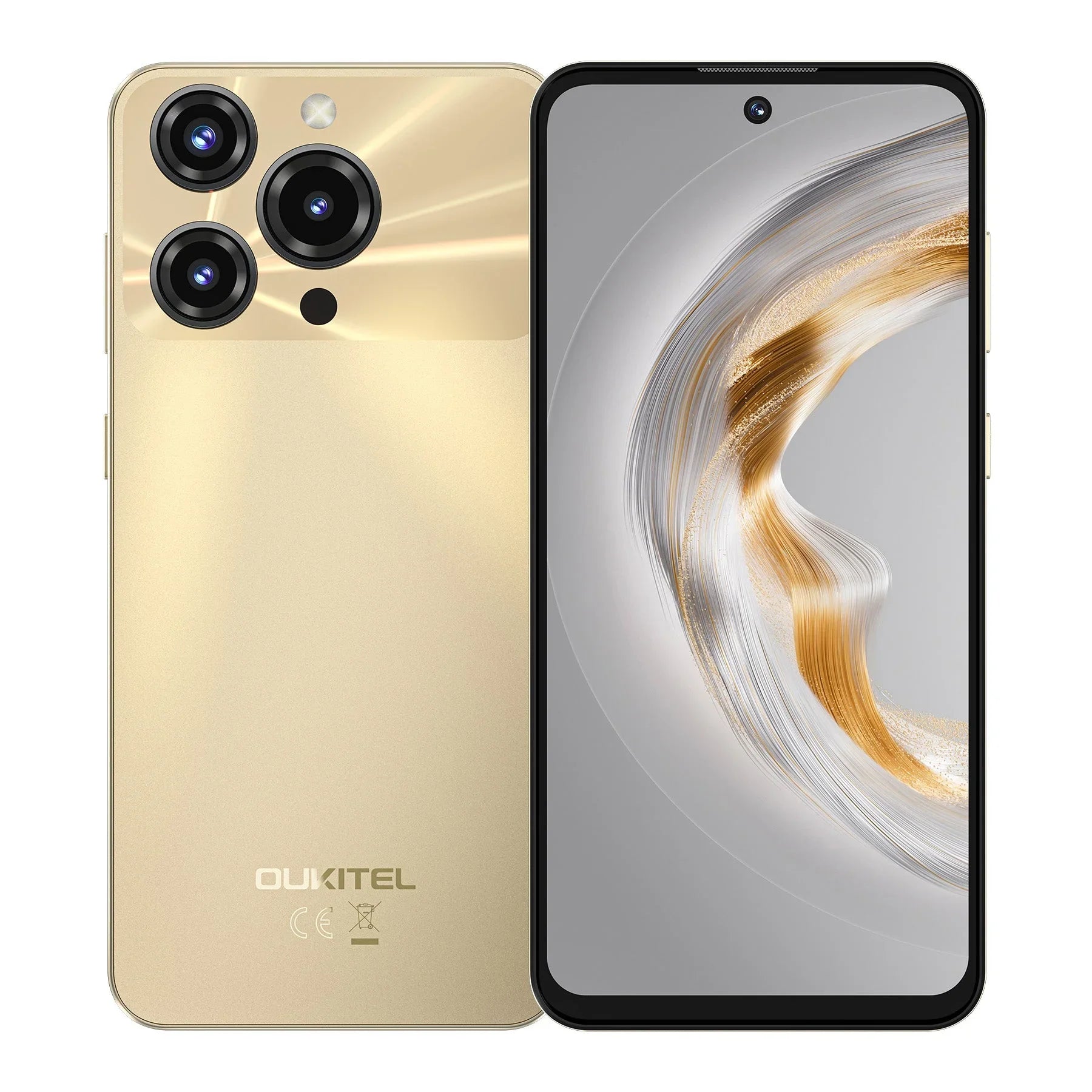 Gold smartphone with triple rear cameras and full-screen display, front and back view