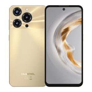 Gold smartphone with triple rear cameras and full-screen display, front and back view