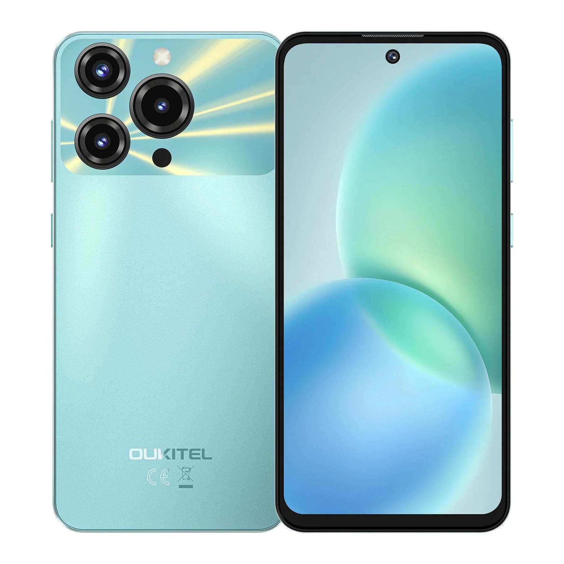 Green smartphone with triple rear cameras and large edge-to-edge display, front and back view