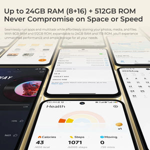 Smartphones displaying apps and large storage text, highlighting up to 24GB RAM and 512GB ROM.