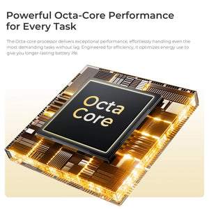 Close-up of an octa-core processor chip with glowing circuitry, highlighting smartphone performance.
