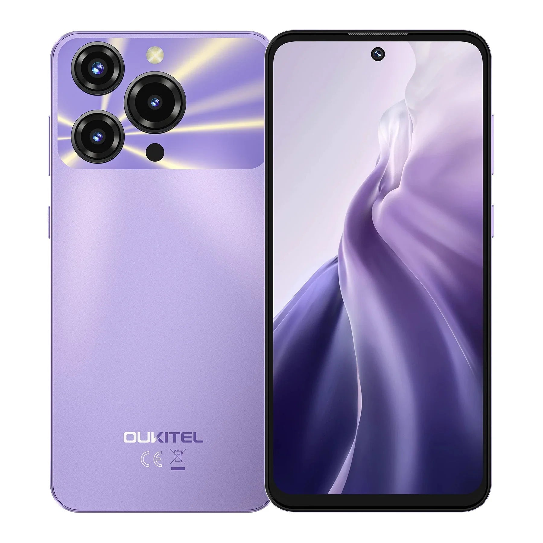Purple smartphone with triple rear cameras and large display, sleek modern design
