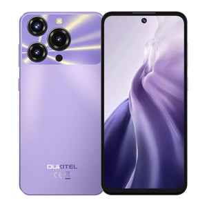 Purple smartphone with triple rear cameras and large display, sleek modern design