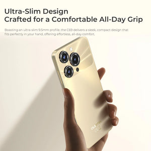 Hand holding ultra-slim gold smartphone with triple rear cameras and sleek design