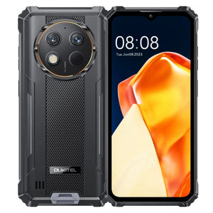 Black rugged smartphone with reinforced edges, textured back, and triple rear camera