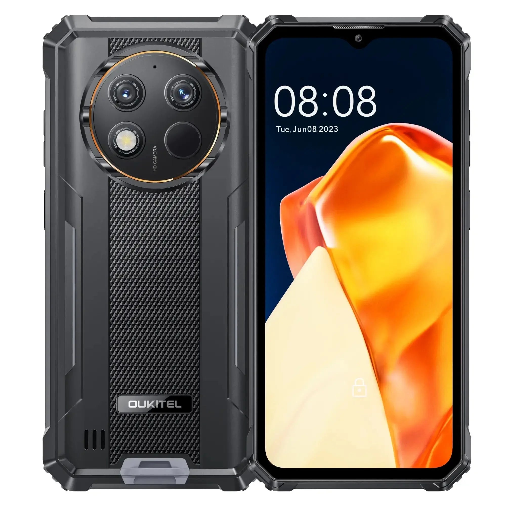 Black rugged smartphone with reinforced edges, textured back, and triple rear camera