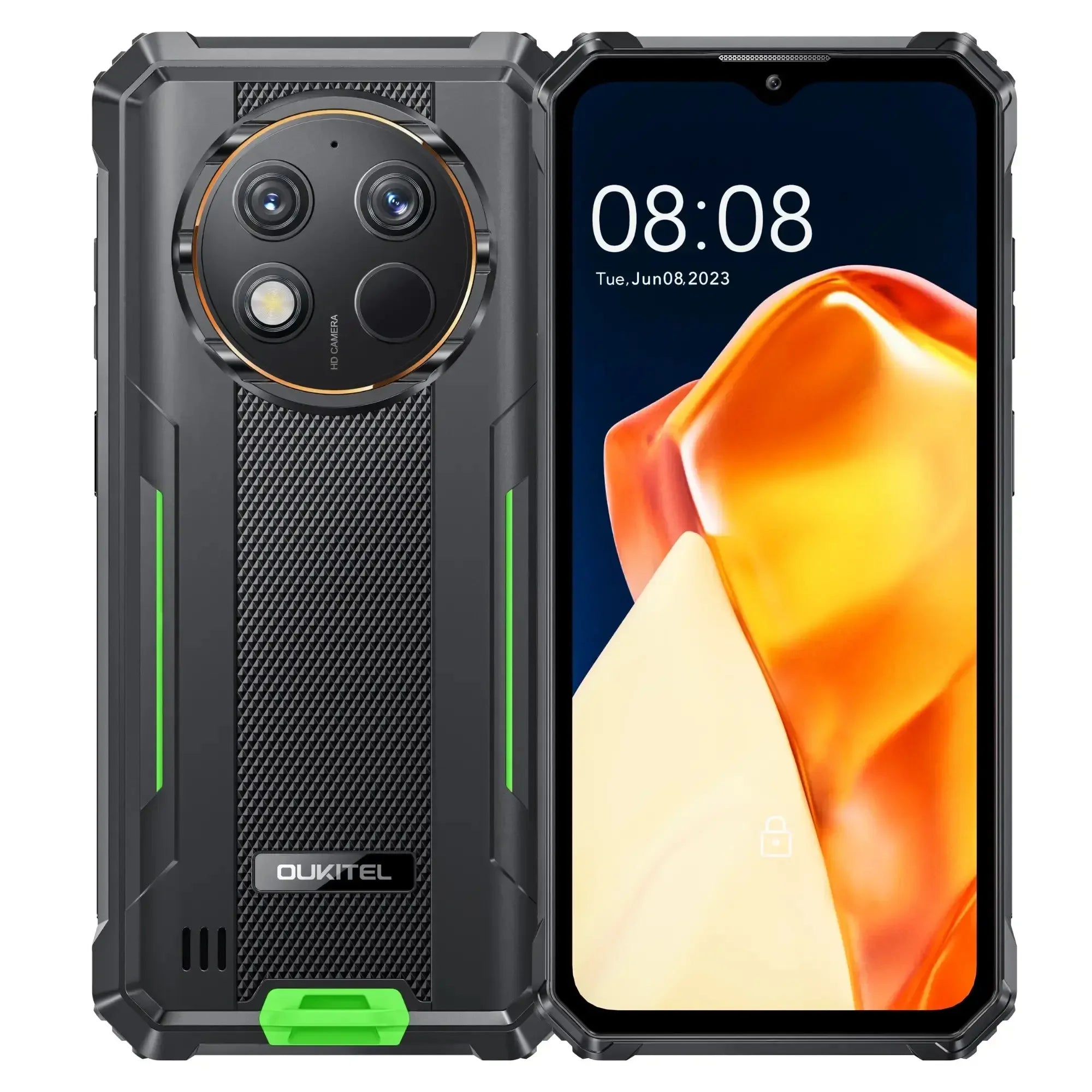 Green rugged smartphone with textured back, triple rear cameras, and large display