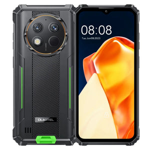 Green rugged smartphone with textured back, triple rear cameras, and large display