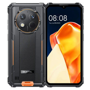 Rugged orange and black smartphone with textured back, dual cameras, and tough corners