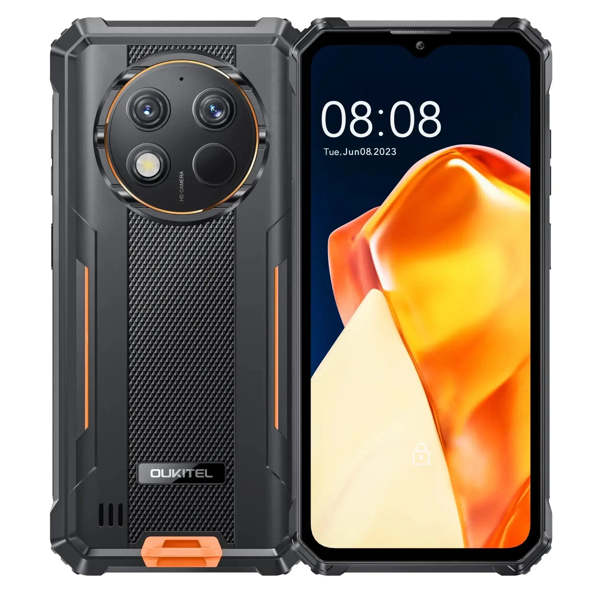 Rugged orange and black smartphone with textured back, dual cameras, and tough corners