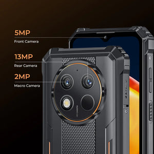 Rugged smartphone with 13MP rear, 5MP front, and 2MP macro cameras highlighted.