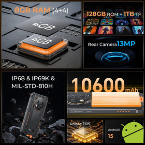 Rugged smartphone features: 8GB RAM, 128GB storage, 13MP camera, 10600mAh battery, IP68 rating, Android 15.