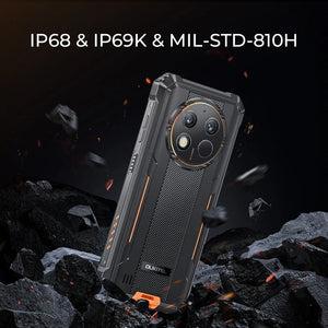 Rugged smartphone with triple rear cameras on rocky terrain, highlighting durability ratings.