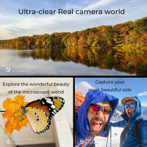 Collage featuring lake landscape, close-up butterfly on flower, and two hikers, showcasing ultra-clear smartphone camera quality.