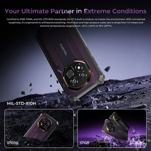 OUKITEL G7 rugged smartphone with IP68, IP69K water and dust resistance, MIL-STD-810H military-grade durability, shockproof design, and extreme temperature tolerance