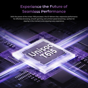 OUKITEL G7 smartphone highlighting the Unisoc T615 processor for fast performance, smooth gaming, efficient multitasking, and seamless streaming