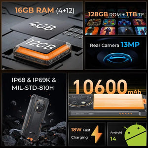 Oukitel WP28S 4G rugged phone main features including 6.52-inch display, 10600mAh battery, 13MP camera, 16GB RAM, 128GB storage, NFC, and Android 14