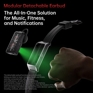Oukitel WP300 modular detachable earbud smartwatch featuring an all-in-one design for music, fitness tracking, calls, and notifications, offering convenience and seamless connectivity for active lifestyles.