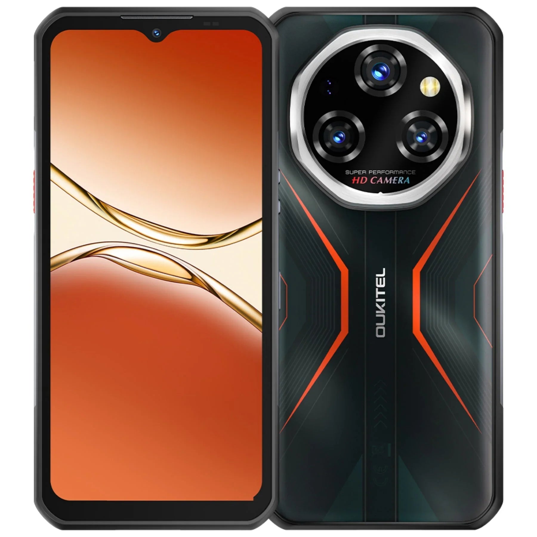 Rugged 5G smartphone with large display and triple rear camera, black and orange design