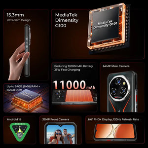Oukitel smartphone features: 15.3mm slim design, MediaTek Dimensity G100, 11000mAh battery, 64MP camera, 24GB RAM, 512GB ROM, Android 15, 32MP front camera, 6.6-inch FHD+ display, 120Hz refresh rate.