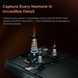 Rugged smartphone close-up showing exposed 64MP main camera and macro lens with illustrated lens elements.