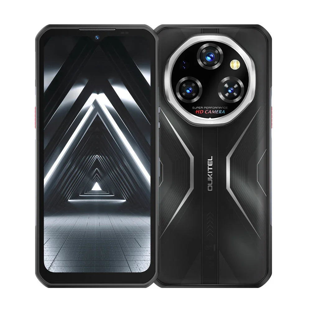 Black rugged smartphone with triple rear cameras and geometric display screen