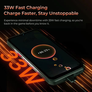 Rugged smartphone with 33W fast charging, 86.23% battery indicator, USB cable connected