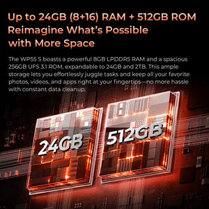Close-up of 24GB RAM and 512GB ROM storage specs for a rugged smartphone on a digital background.
