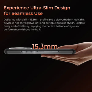 Slim rugged smartphone with 15.3mm profile resting on a hand, showcasing lightweight design.