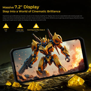 7.2-inch smartphone with HD+ display, Corning Gorilla Glass 5, showing vivid robot graphic