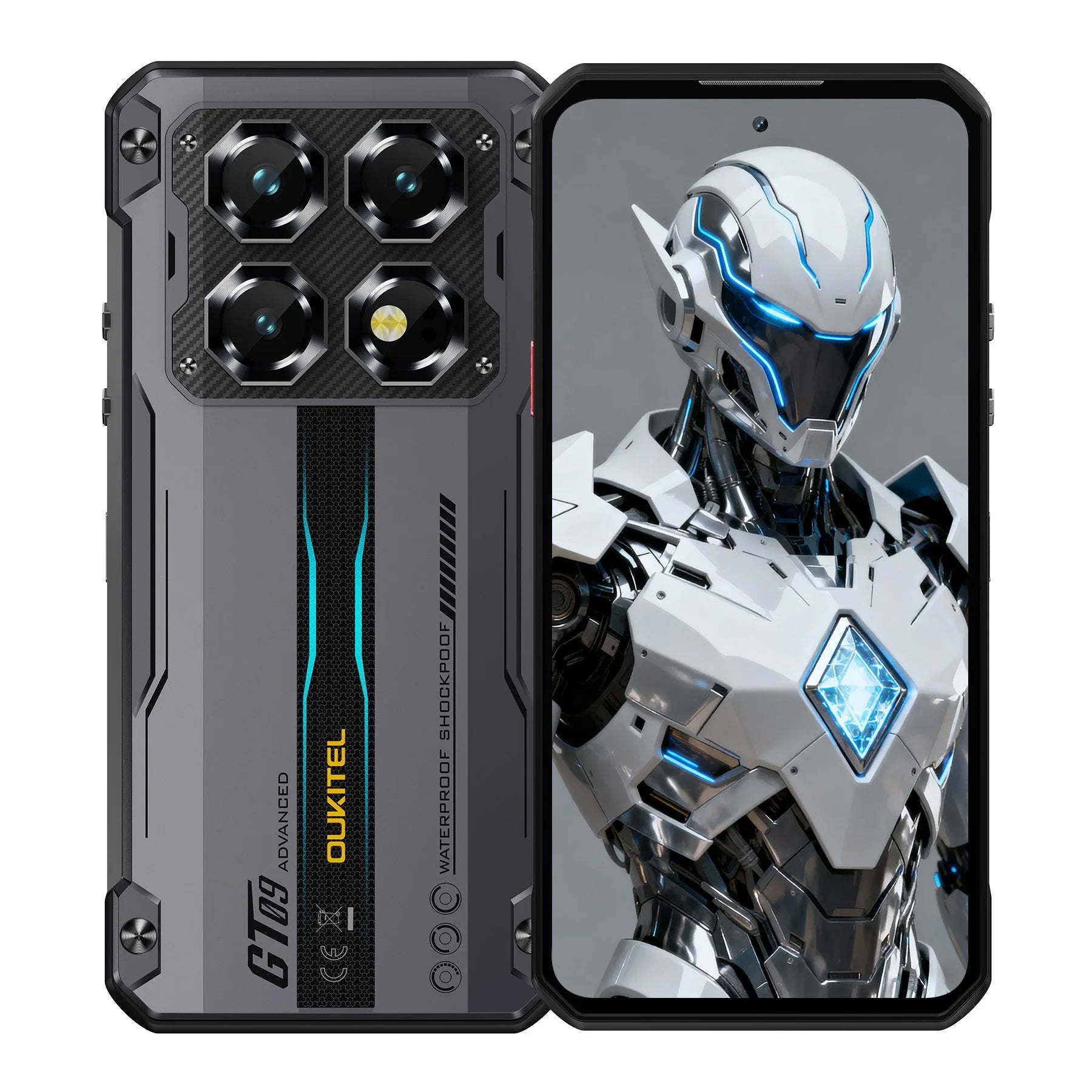 Rugged gray smartphone with quad rear cameras and waterproof shockproof features