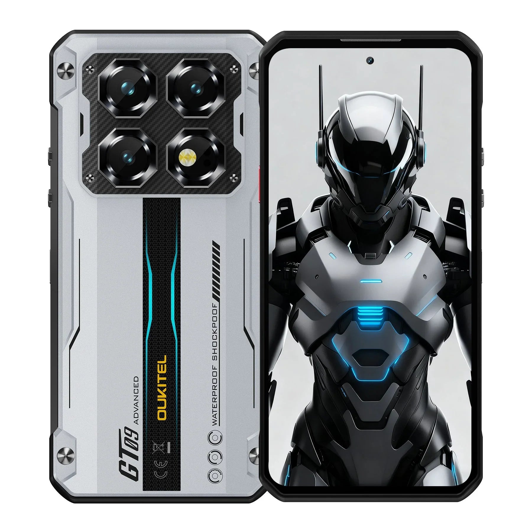 Silver rugged smartphone with quad rear cameras and waterproof, shockproof design