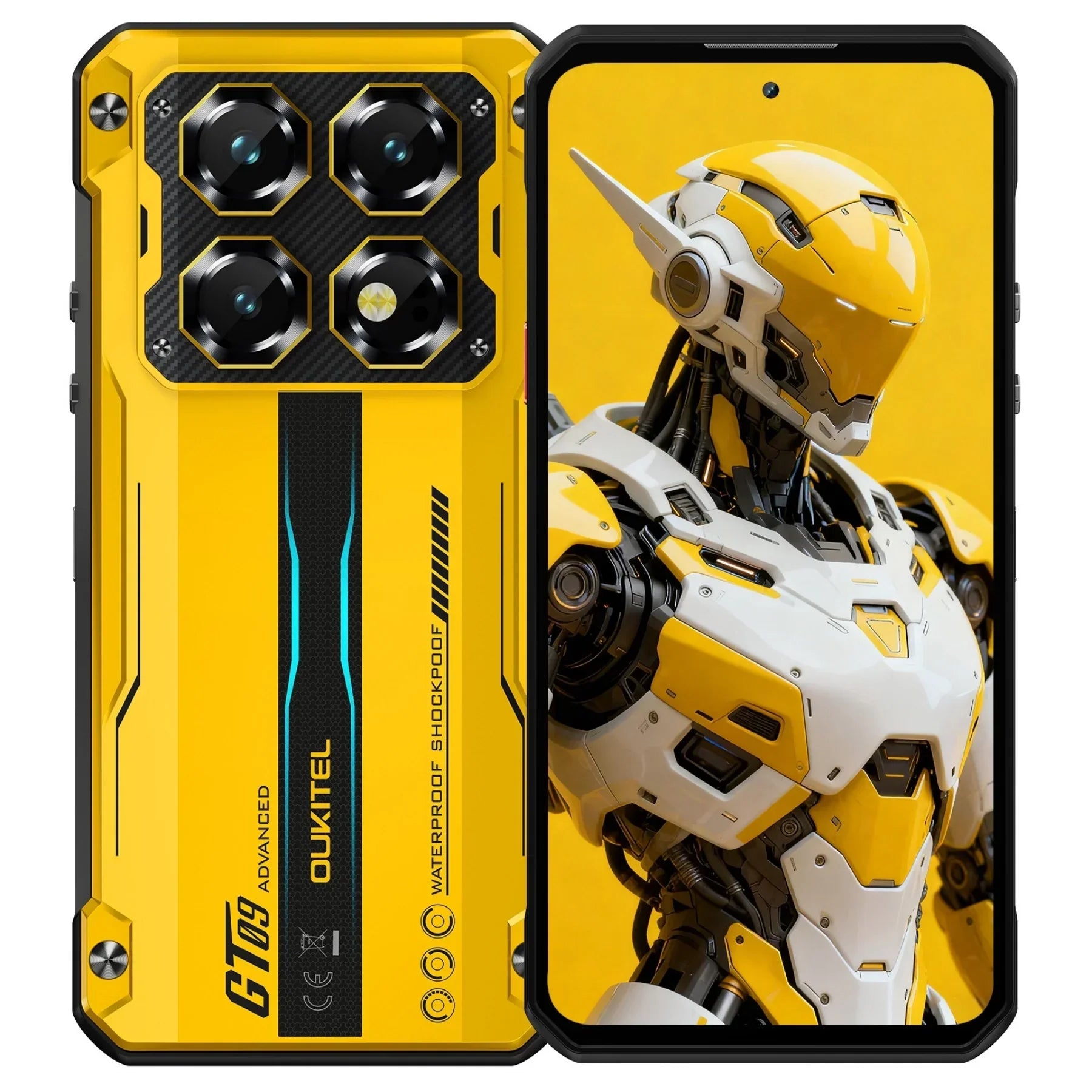 Yellow rugged smartphone with large rear cameras and a robot graphic on its display