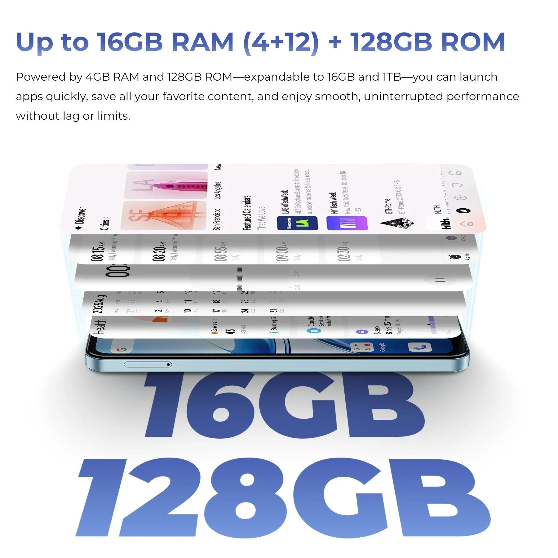 Smartphone with floating app screens, highlighting 16GB RAM and 128GB ROM storage capacity.