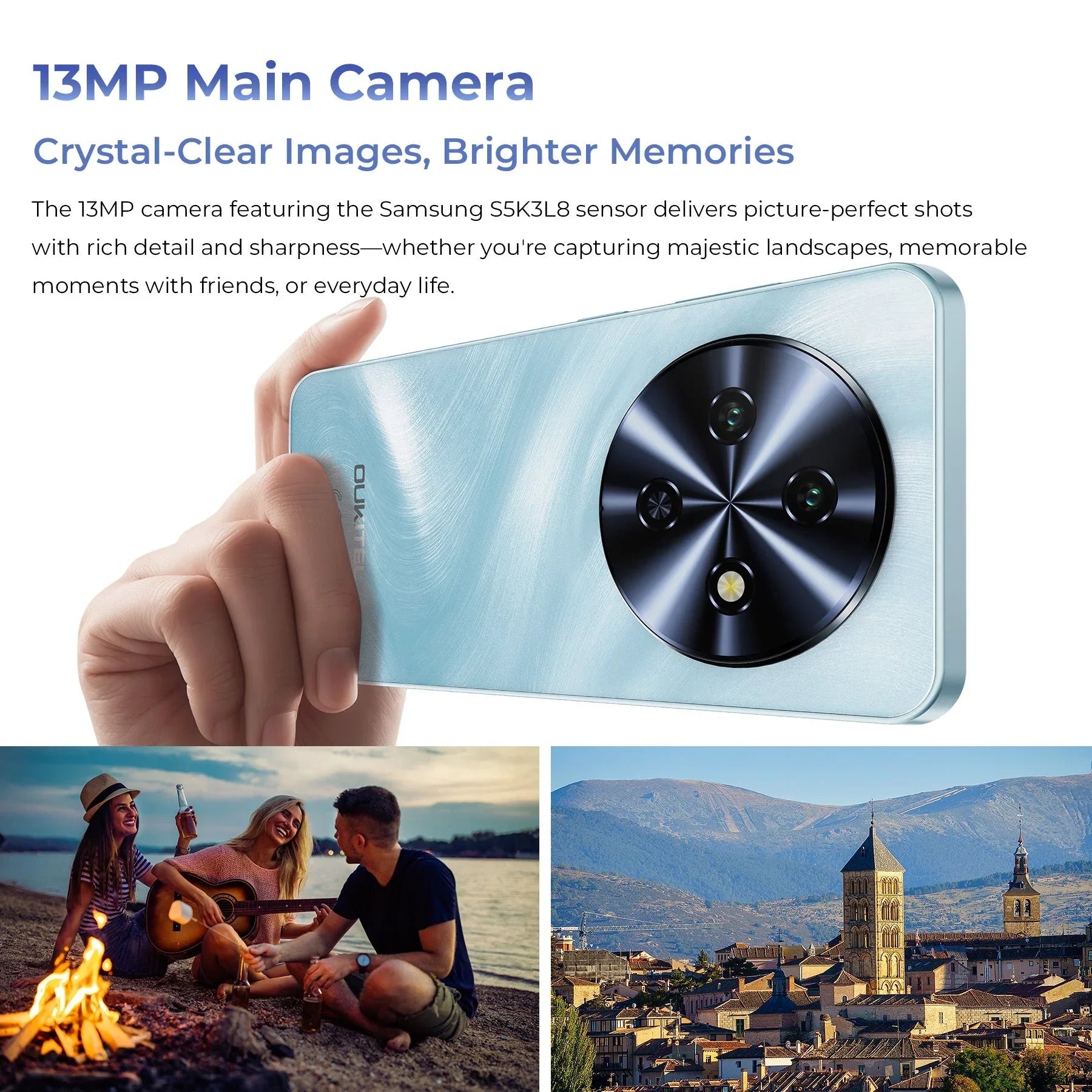 Hand holding smartphone with large round camera module, featuring 13MP main camera, outdoor lifestyle and landscape photos below.