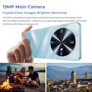 Hand holding smartphone with large round camera module, featuring 13MP main camera, outdoor lifestyle and landscape photos below.