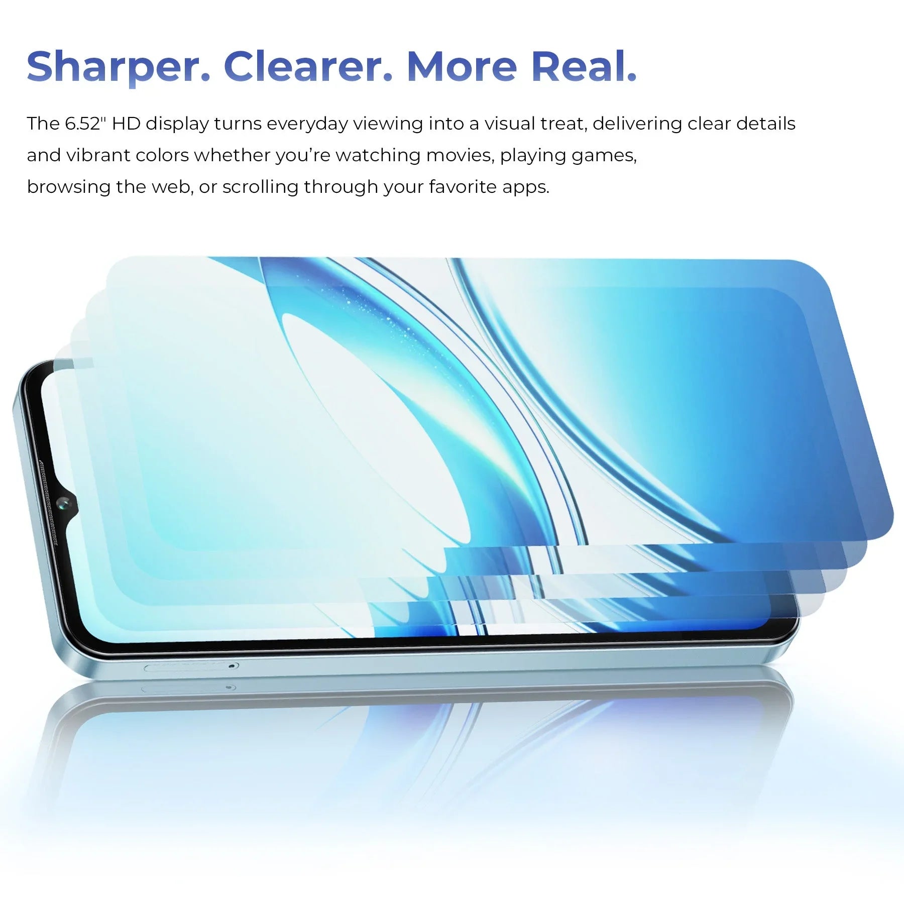 6.52-inch HD smartphone screen demonstrating clear display and vibrant color layers