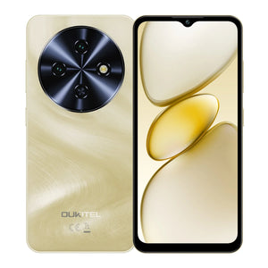 Gold rugged smartphone with triple rear camera, large screen, and rounded corners