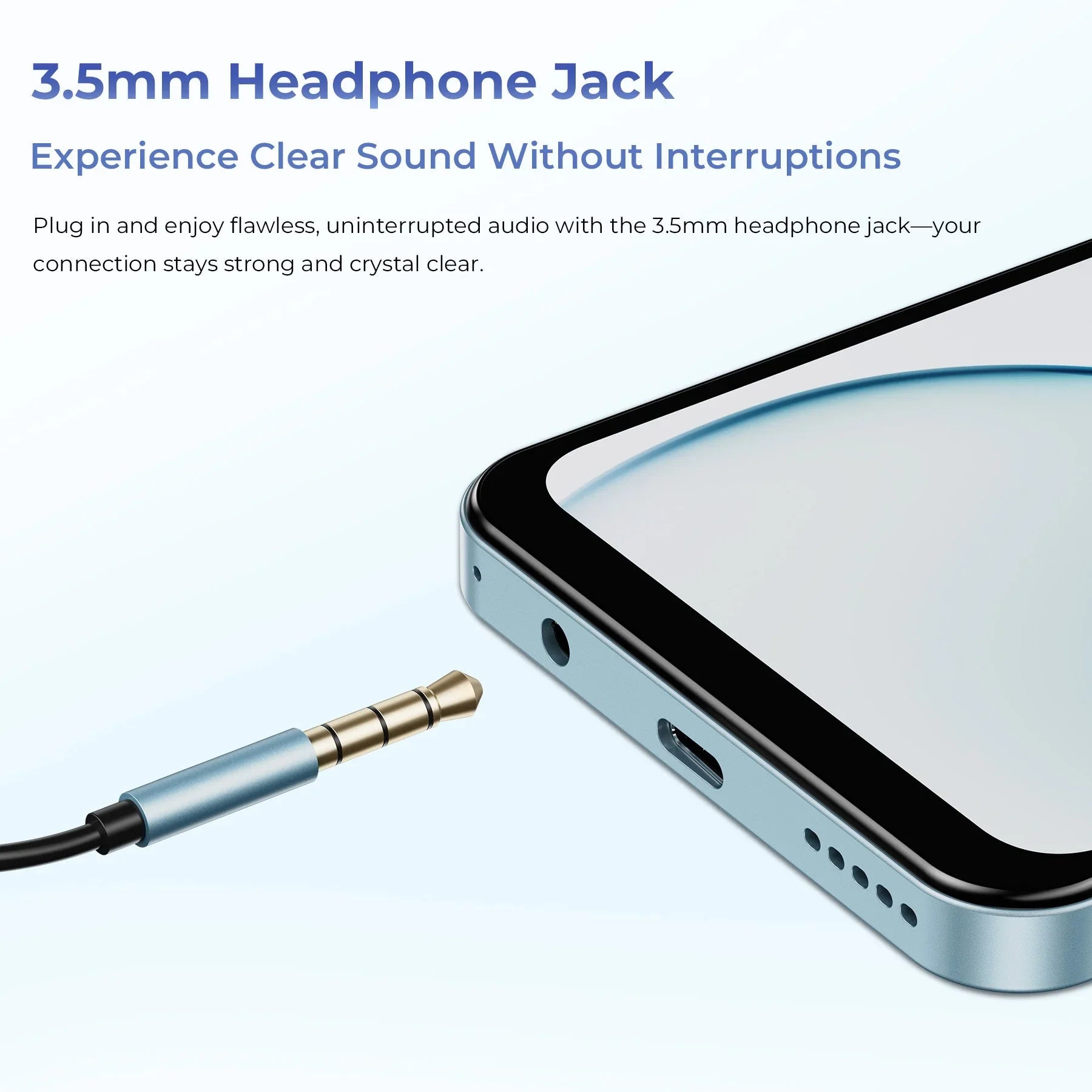 Smartphone close-up with a 3.5mm headphone jack and audio cable for clear sound connection