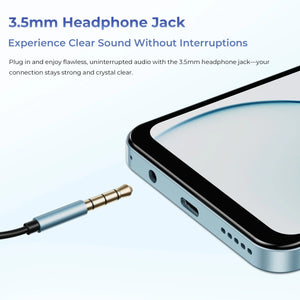 Smartphone close-up with a 3.5mm headphone jack and audio cable for clear sound connection