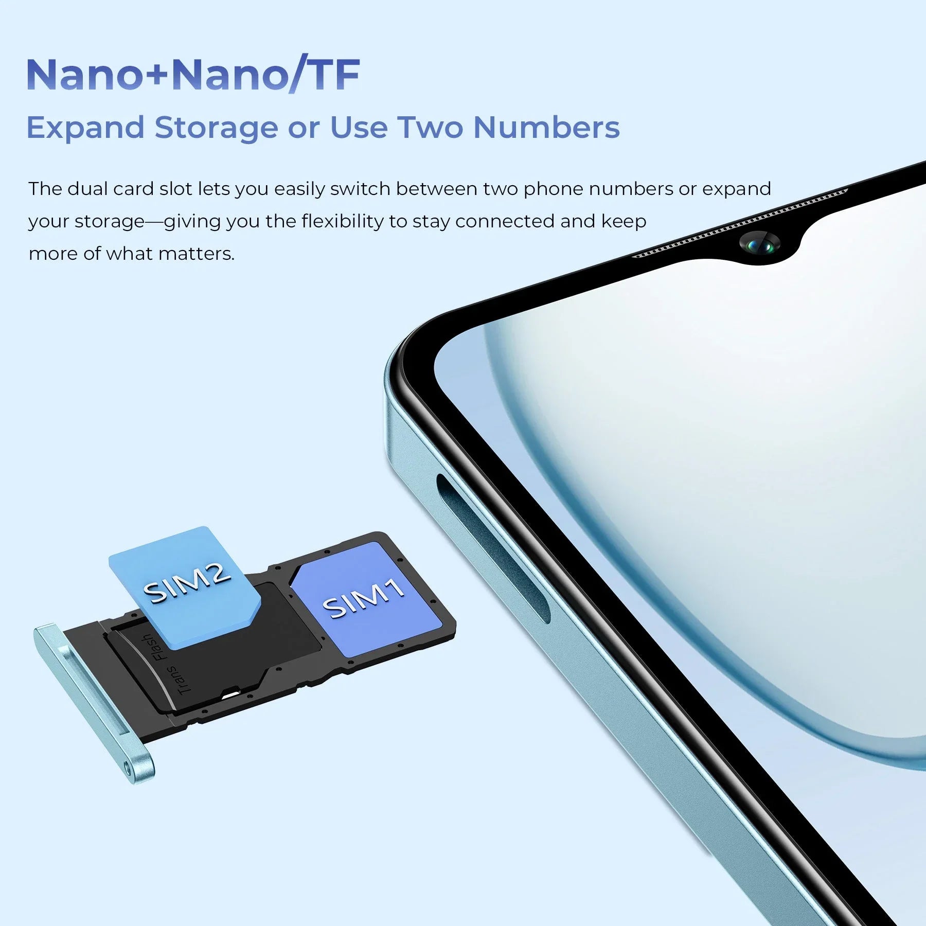 Smartphone dual SIM card tray with SIM1, SIM2, and TF card slots for expandable storage.