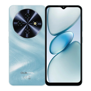 Blue smartphone with triple rear camera, round camera module, and full-screen display
