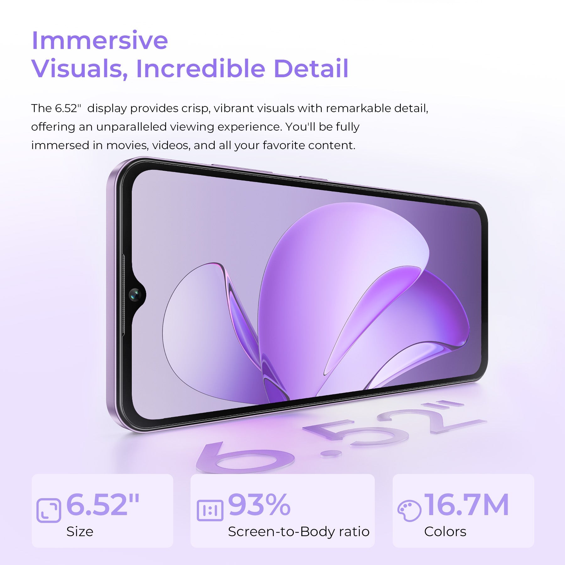 Oukitel C2 smartphone featuring a 6.52-inch display with 93% screen-to-body ratio and 16.7 million colors for immersive visuals