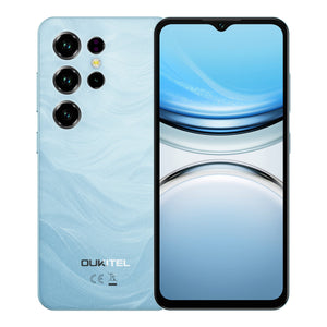 Oukitel C2 blue smartphone featuring 6.52-inch screen, 5000mAh large battery, and slim 9.3mm design